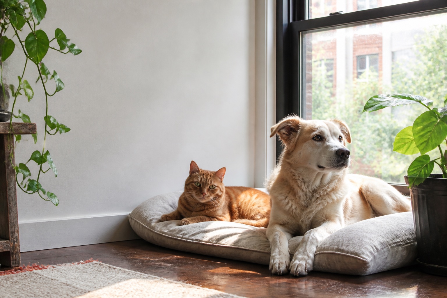 橘猫和米白色小狗在阳光窗边休息